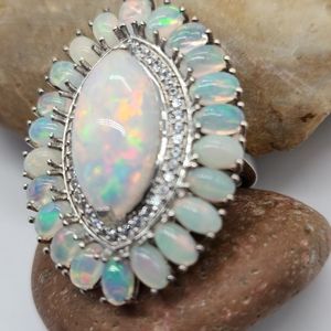 Ethiopian Welo Opal. Zircon.  Ring.